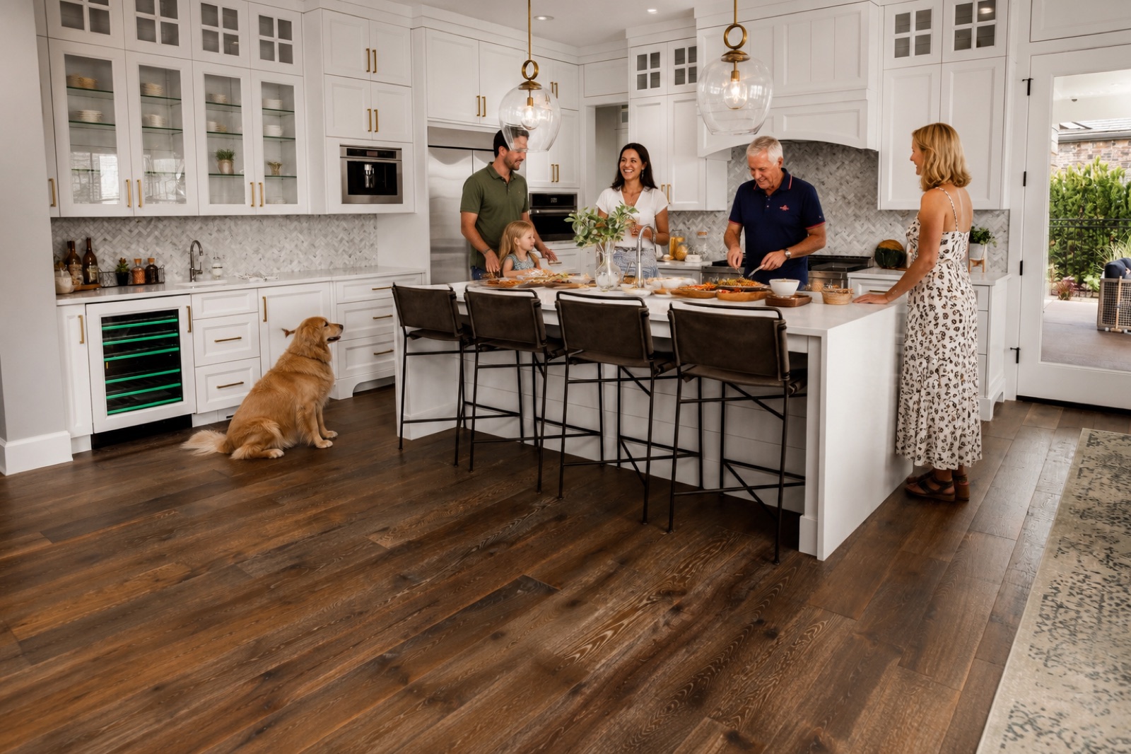 Family enjoying new flooring in their kitchen